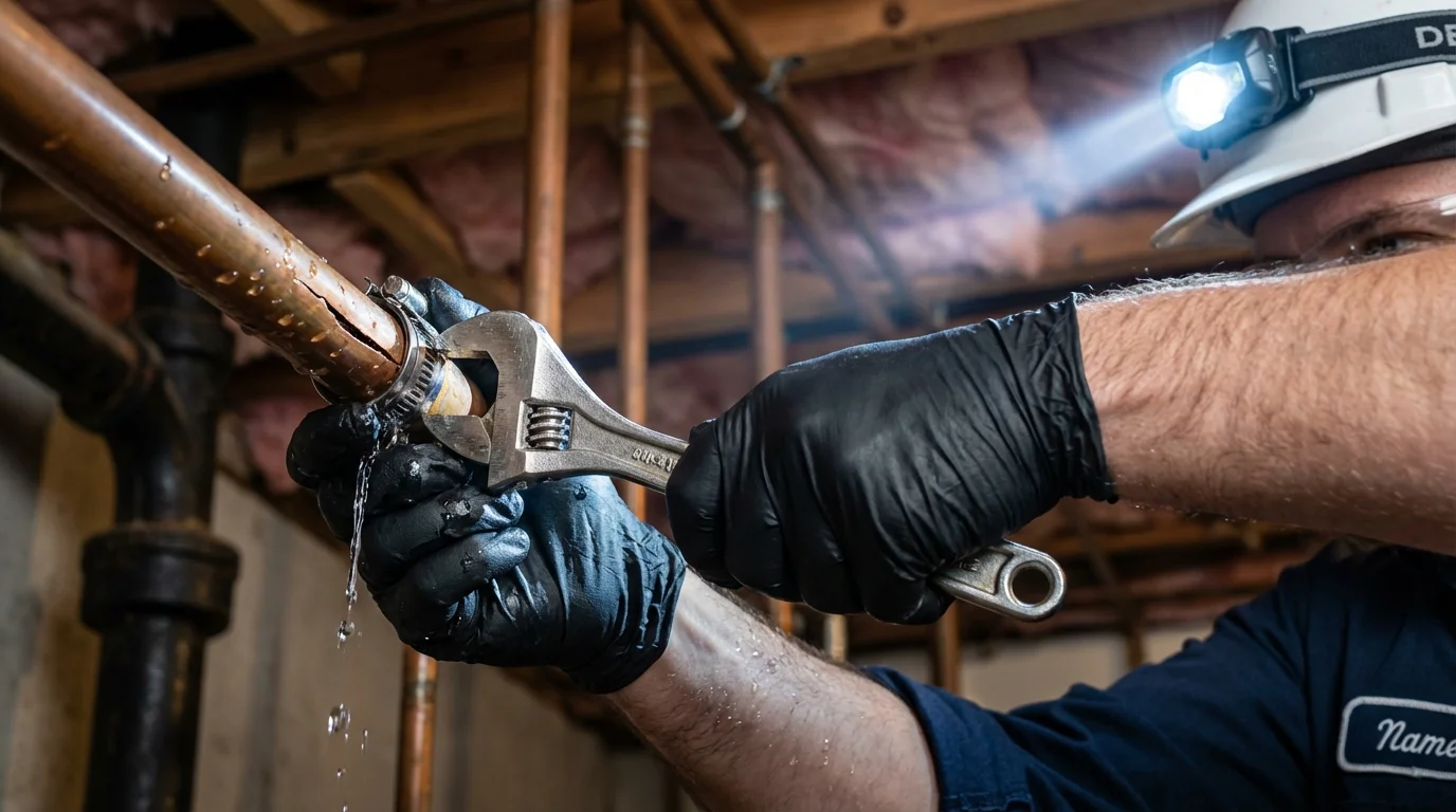 Emergency pipe clamp repair being performed by a Johns Plumbing LLC plumber in Malden
