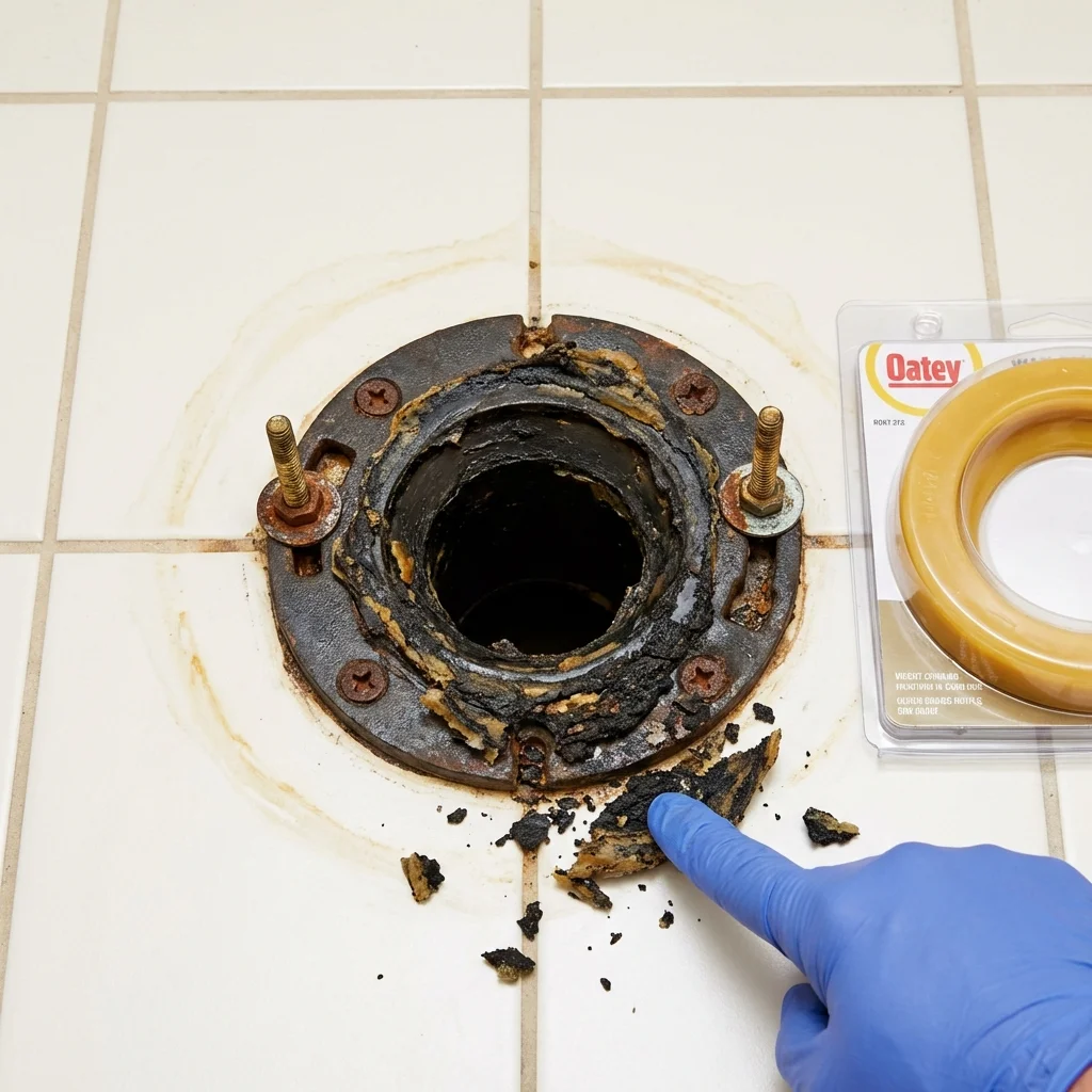 Failed wax ring showing water seepage at the base of a toilet in a Malden, MO home