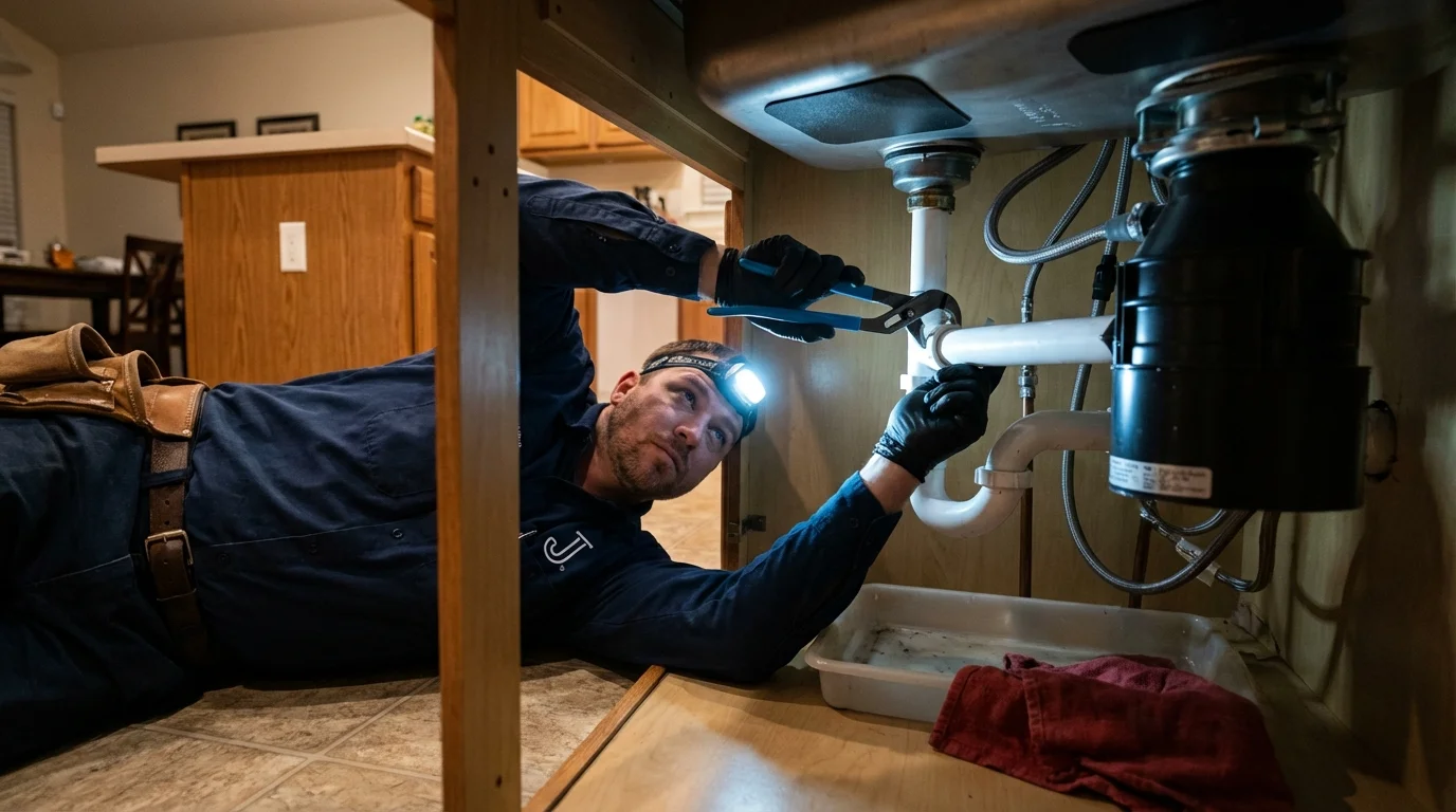 P-trap and supply line connections under a kitchen sink showing a common leak point in Malden, MO